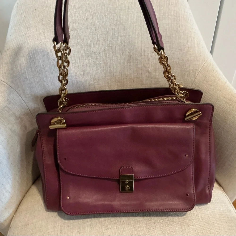 Tory Burch Priscilla gold chain plum leather shoulder bag handbag push lock
